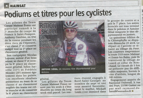 Article La Montagne Antoine Sibial champion de la Creuse juniors FFC