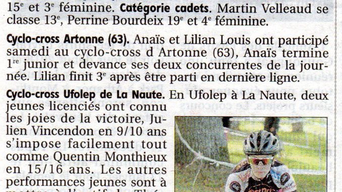 Article Cercle Cycliste Mainsat Evaux journal La Montagne 27 octobre 2017