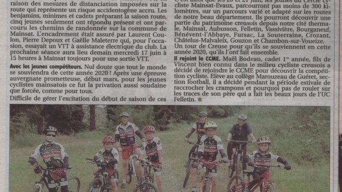 Article journal La Montagne 17 juin 2020 Cercle Cycliste Mainsat Evaux