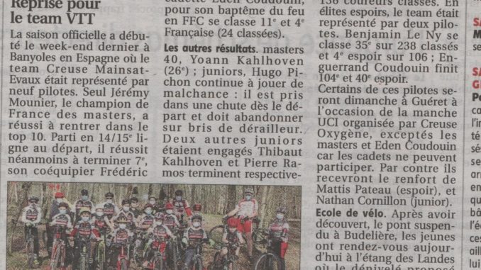 Article journal La Montagne 03 mars 2021 Cercle Cycliste Mainsat Evaux
